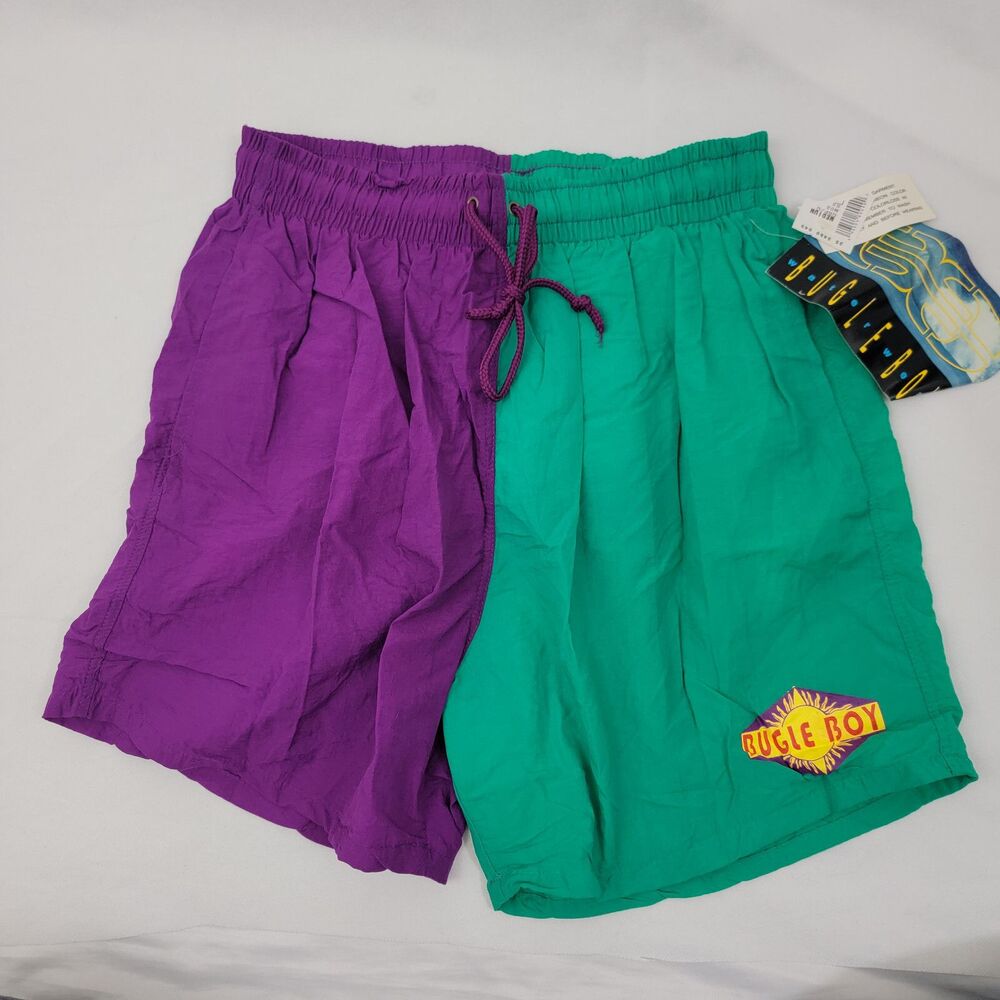 BUGLE BOY Mens Swim Trunks Shorts Sz MEDIUM Colorblock Mesh Lined Surf VTG READ